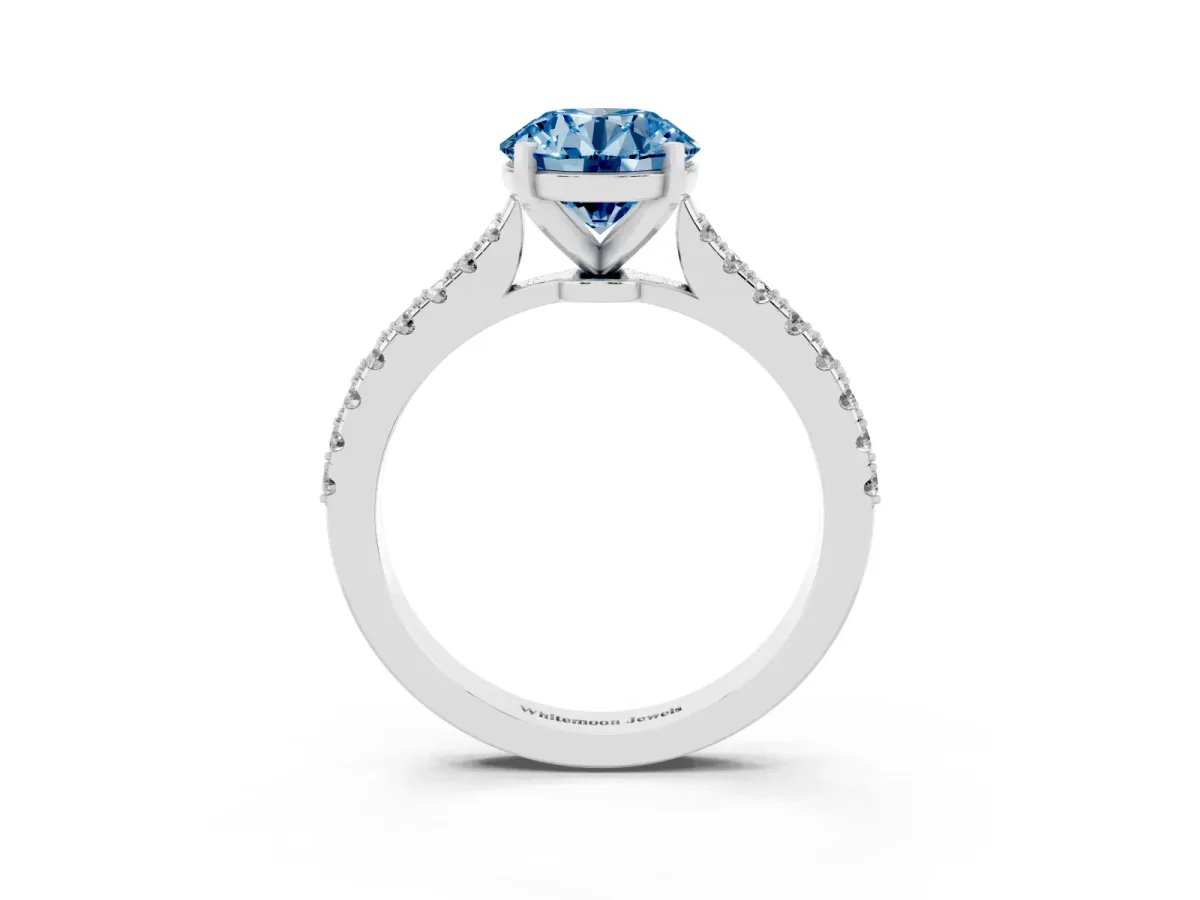 Fancy Blue Round Cut Cut Solitaire Diamond Engagement Ring with Pave Band and Four-Prong Setting Platinum