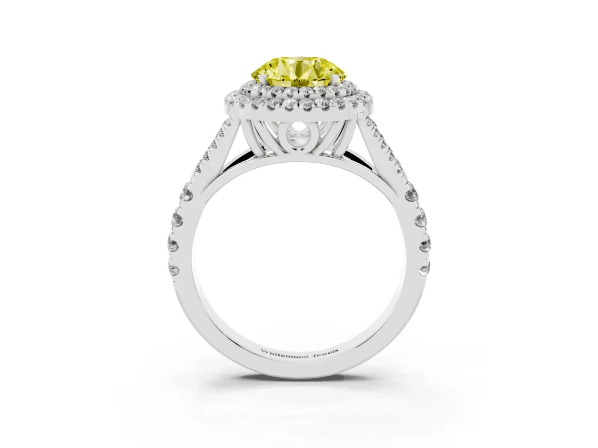 Fancy Yellow Double Halo Round Cut Diamond Split Shank Engagement Ring with Four-Prong Setting Silver