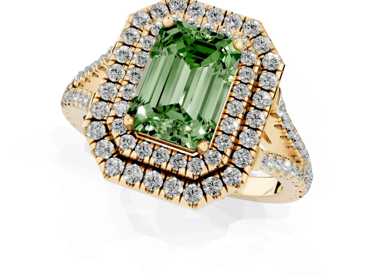 Fancy Green Emerald Cut Diamond Double Halo Ring with Pavé Band and Prong Setting Yellow gold