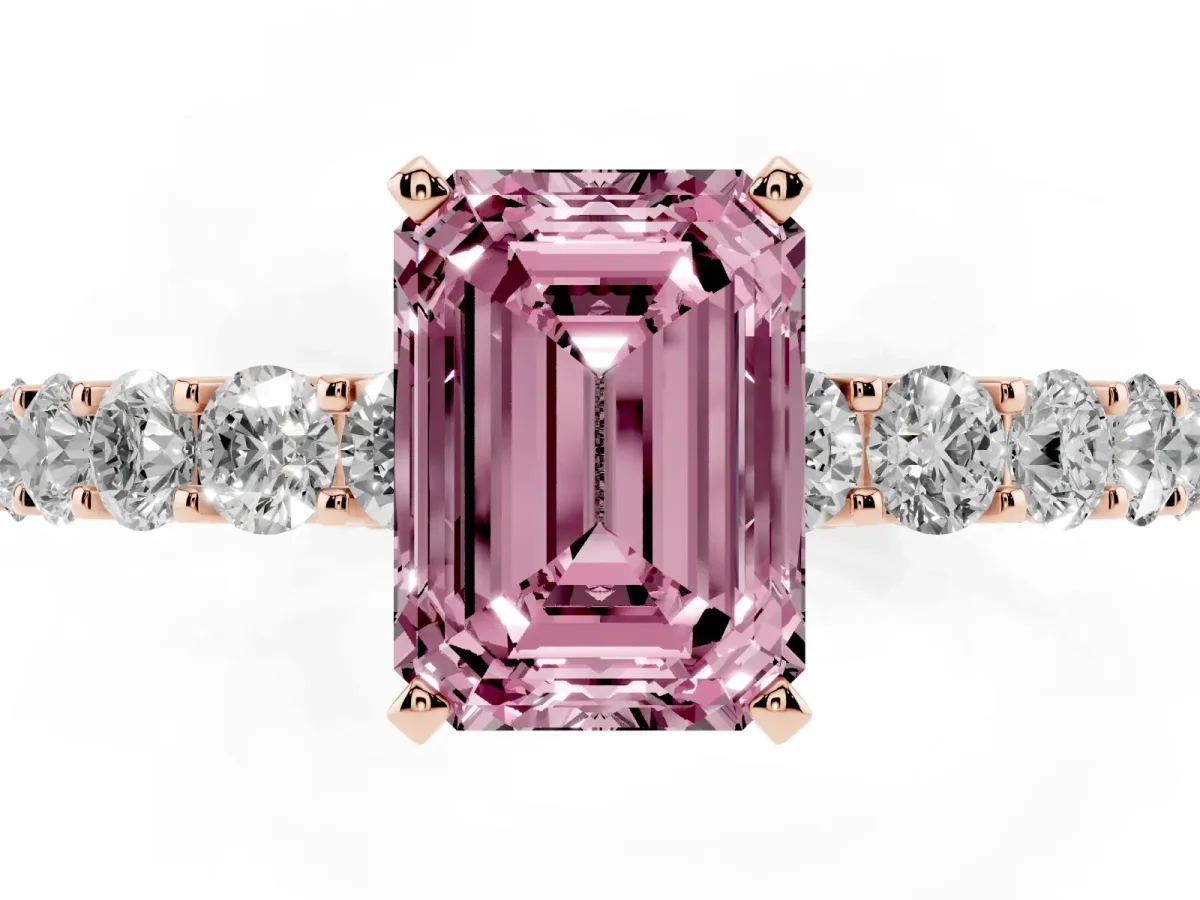 Fancy Pink Emerald Cut Diamond Solitaire Ring with Shared Prong Pavé Band and Four-Prong Setting Rose gold