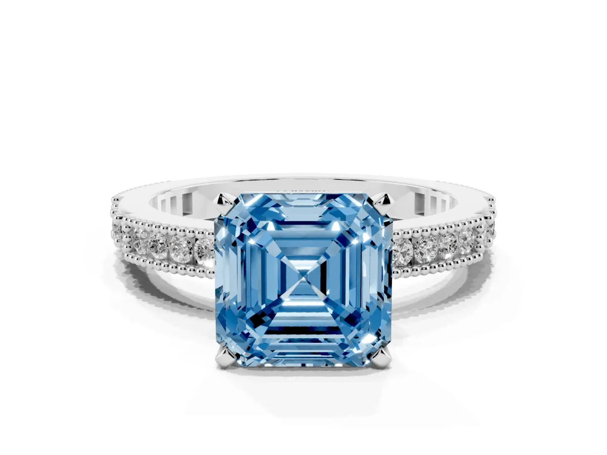 Fancy Blue Asscher Cut Solitaire with Pavé Band and Four-Prong Setting Silver