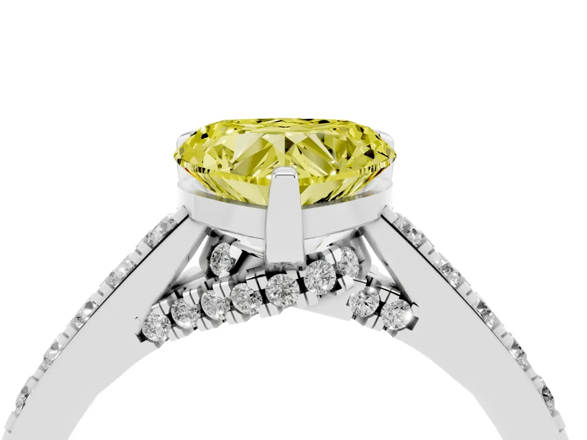 Fancy Yellow Heart Cut Diamond Solitaire Ring with Crossover Gallery and Round Pavé Band Platinum