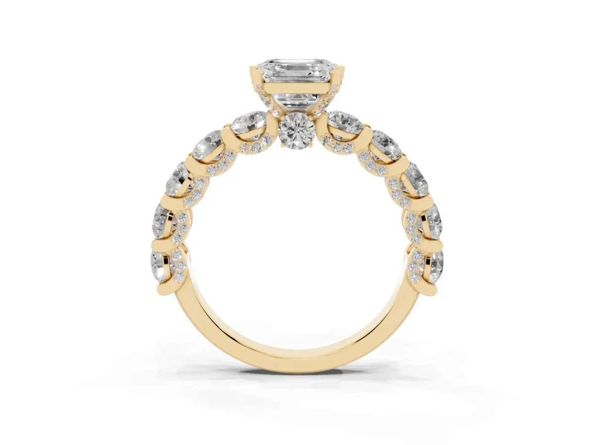Asscher Cut Diamond Side Stone Engagement Ring with Four-Prong Setting Yellow gold