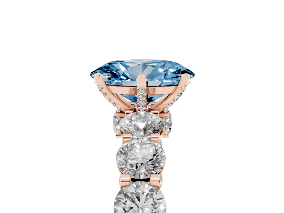 Fancy Blue Oval Cut Diamond Side Stone Engagement Ring with Four-Prong Setting Rose gold