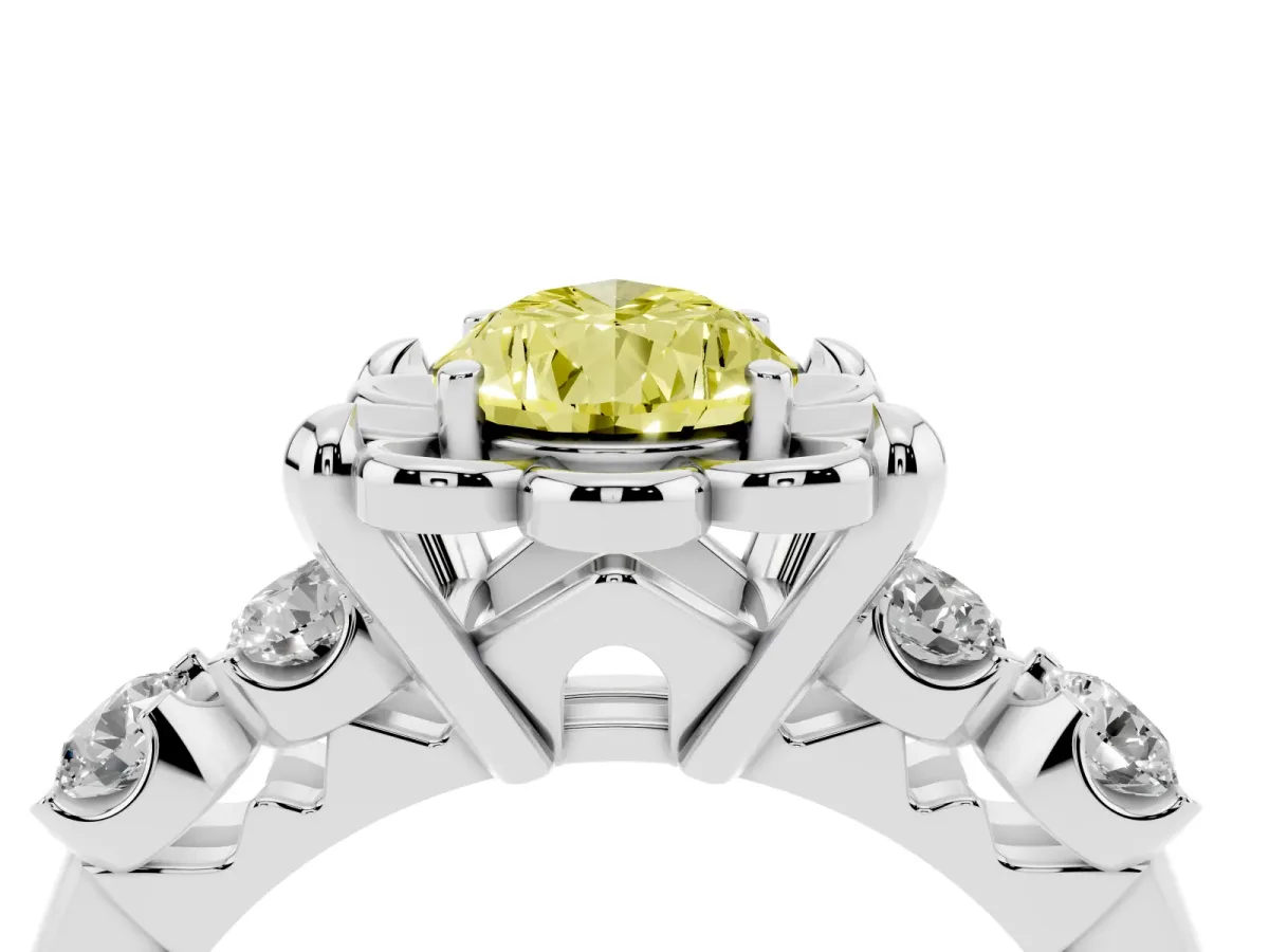 Fancy Yellow Pear Cut Cut Diamond Floral Halo Engagement Ring with Shared Prong Setting Silver