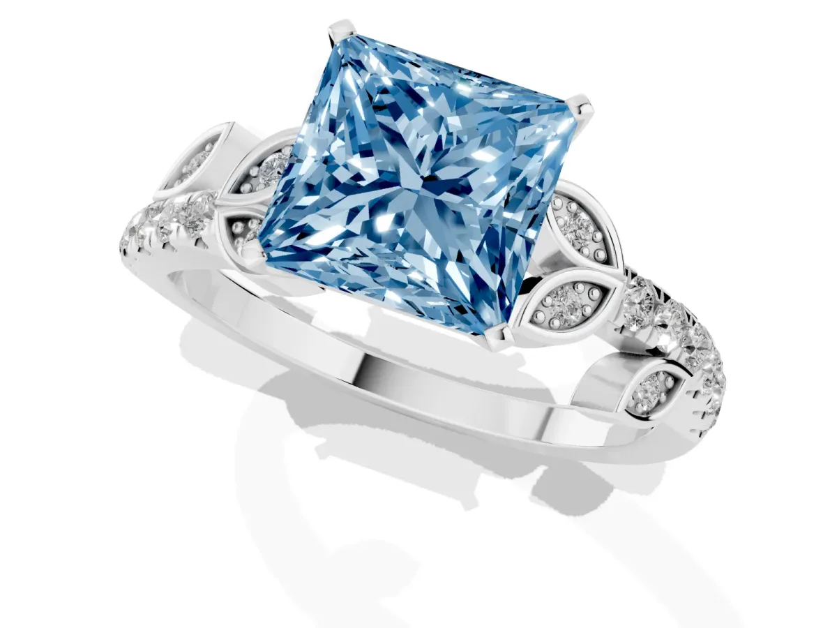 Fancy Blue Princess Cut Solitaire Leaf-Inspired Diamond Ring with Pavé Band and Four-Prong Setting Silver