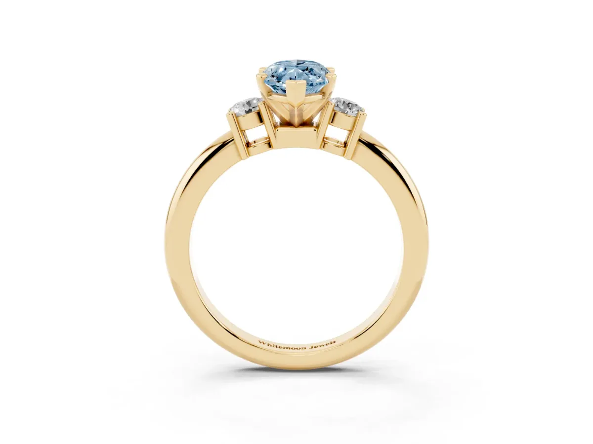 Fancy Blue Three-Stone Marquise Cut Cut Diamond Solitaire with Prong Setting and Classic Band Yellow gold