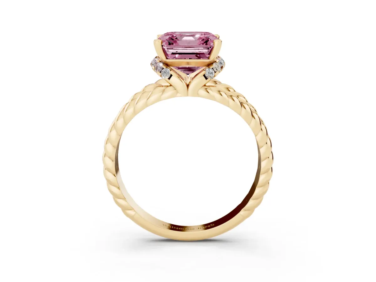 Fancy Pink Asscher Cut Halo Twisted Band Four-Prong Ring Yellow gold