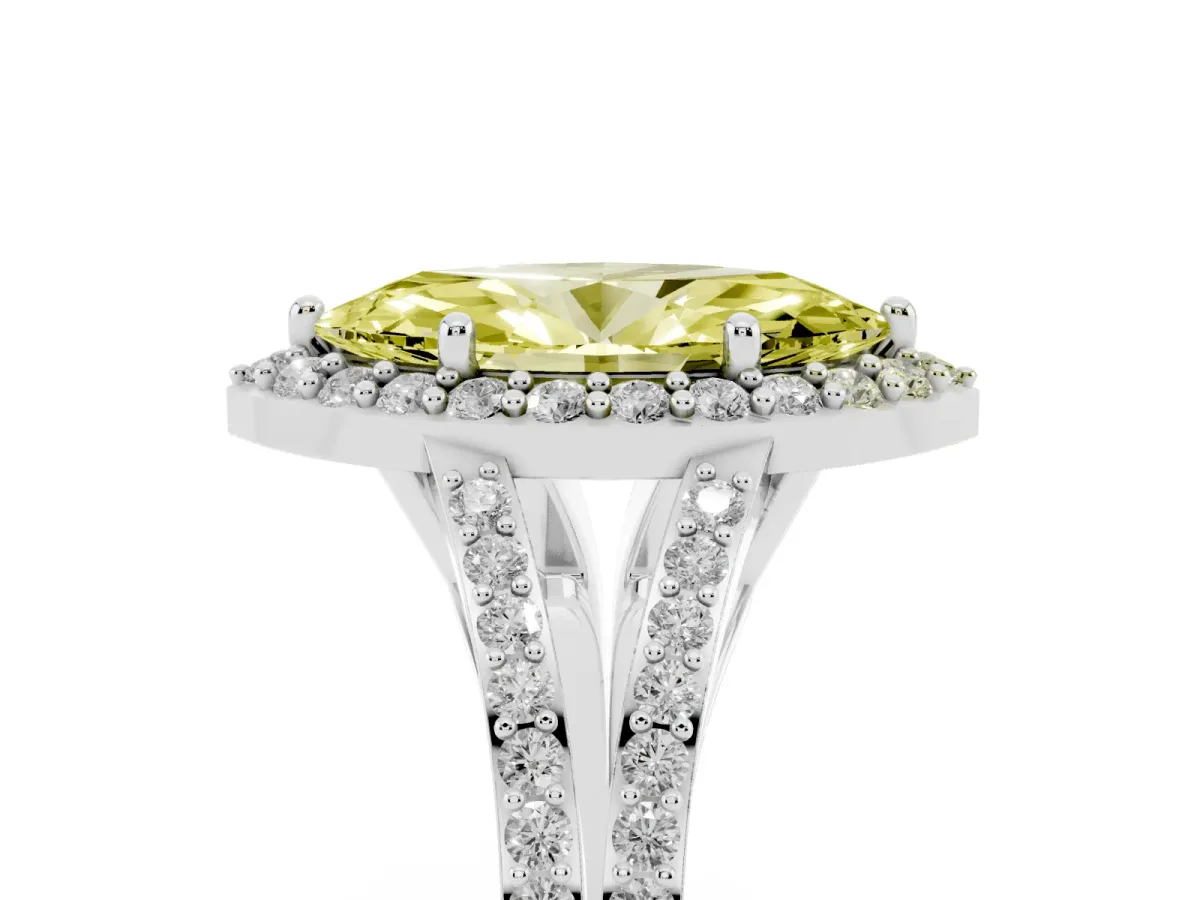 Fancy Yellow Marquise Cut Halo Split Shank Diamond Ring with Prong Setting Platinum