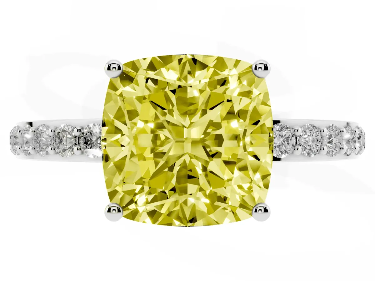 Fancy Yellow Cushion Cut Diamond Solitaire Ring with Pavé Band and Hidden Halo White gold