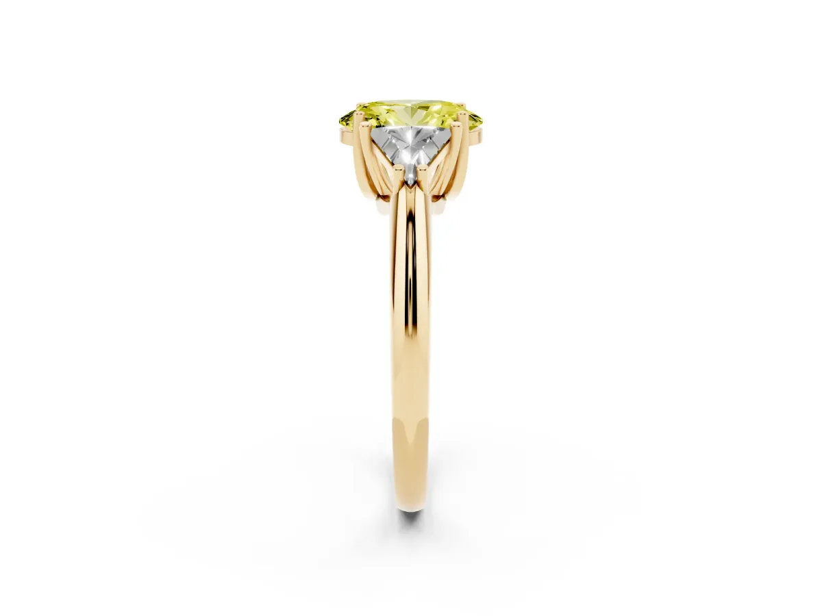 Fancy Yellow Three-Stone Oval Cut Diamond Engagement Ring with Trillion Side Stones and Prong Setting Yellow gold