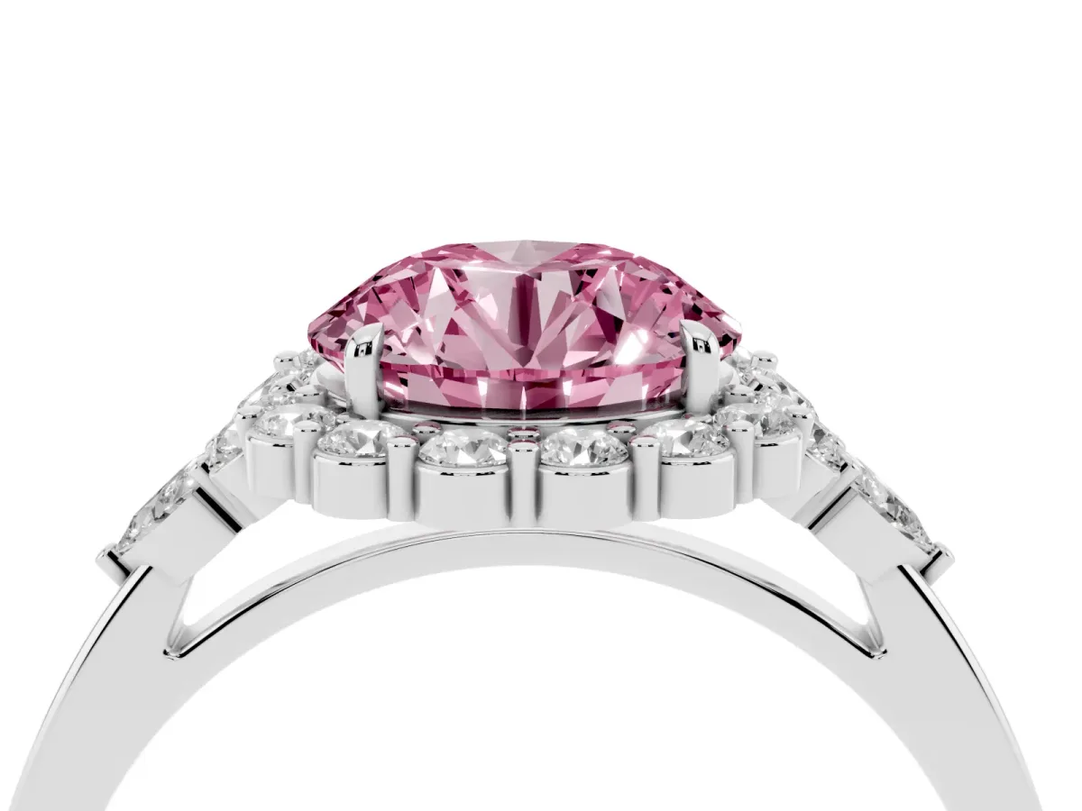Fancy Pink Round Cut Diamond Halo Ring with Pear Side Stones and Prong Setting Silver