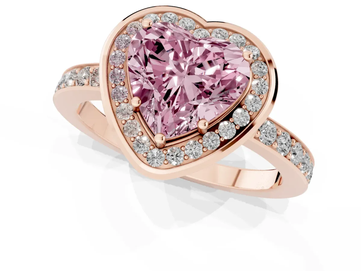 Fancy Pink Heart Cut Diamond Halo Ring with Bezel Frame and Pavé Band Rose gold