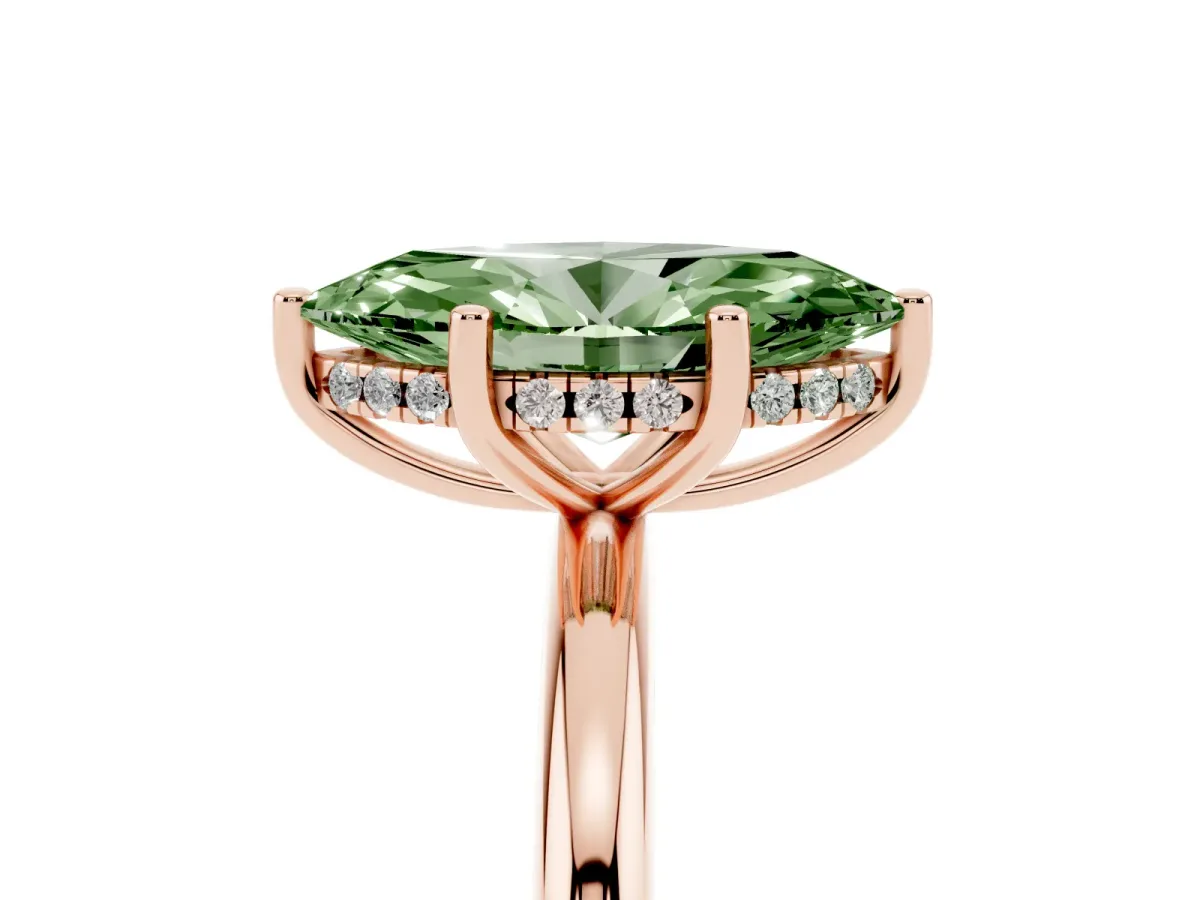 Fancy Green Marquise Cut Cut Solitaire Engagement Ring with Four-Prong Setting and Classic Band Rose gold