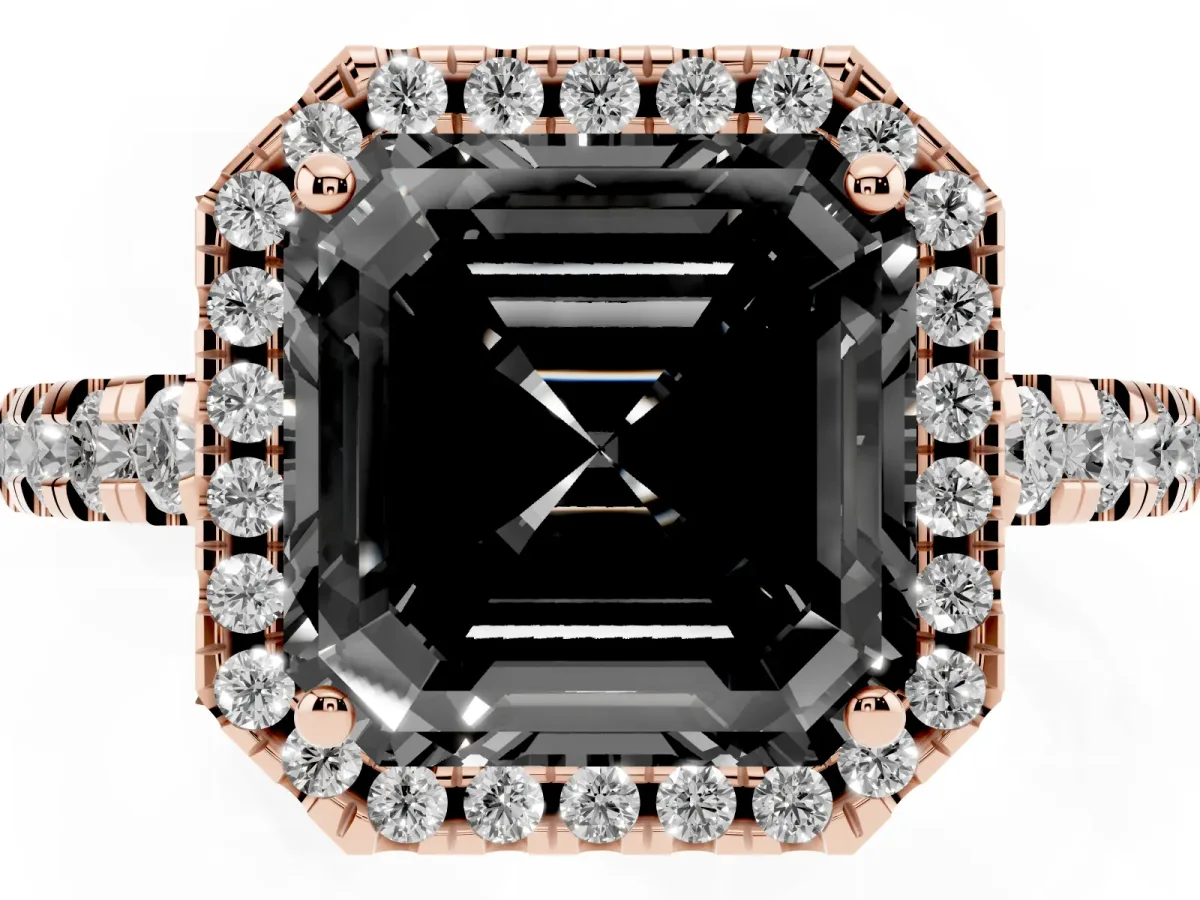 Fancy Black Asscher Cut Diamond Halo Ring with Pavé Band and Four-Prong Setting Rose gold