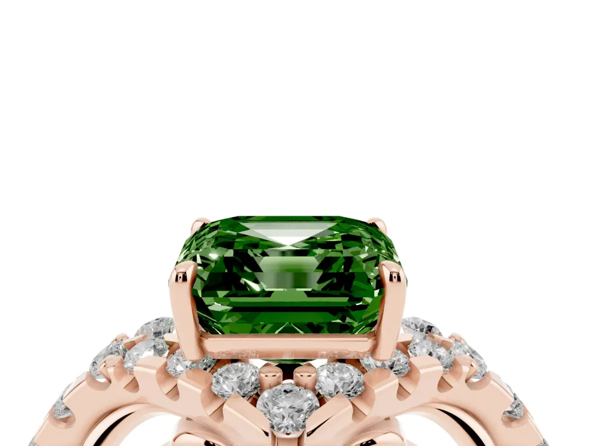 Fancy Green Asscher Cut Diamond Solitaire Ring with Hidden Halo and Pavé Band Rose gold