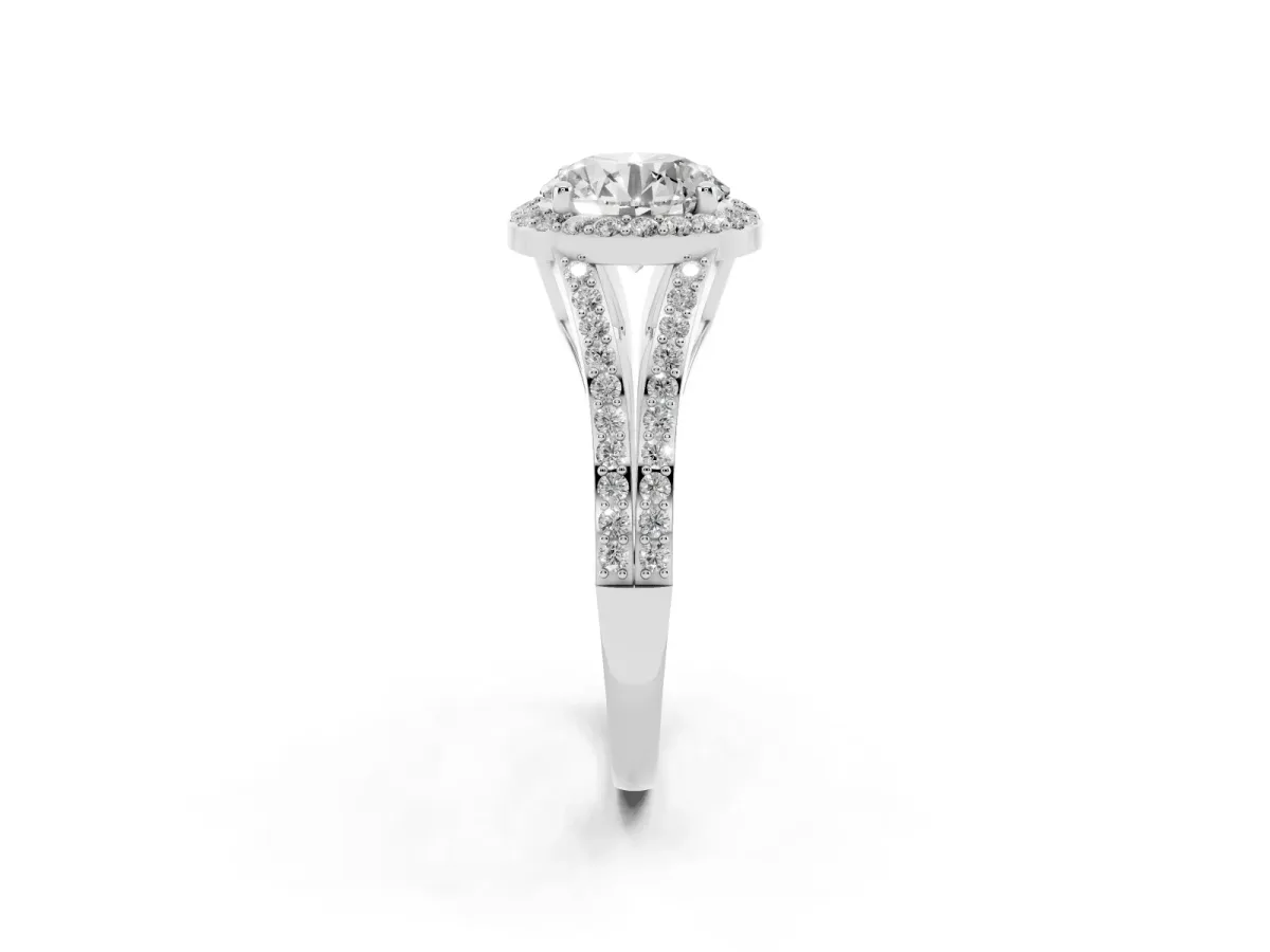 Round Cut Halo Split Shank Diamond Ring with Prong Setting Platinum