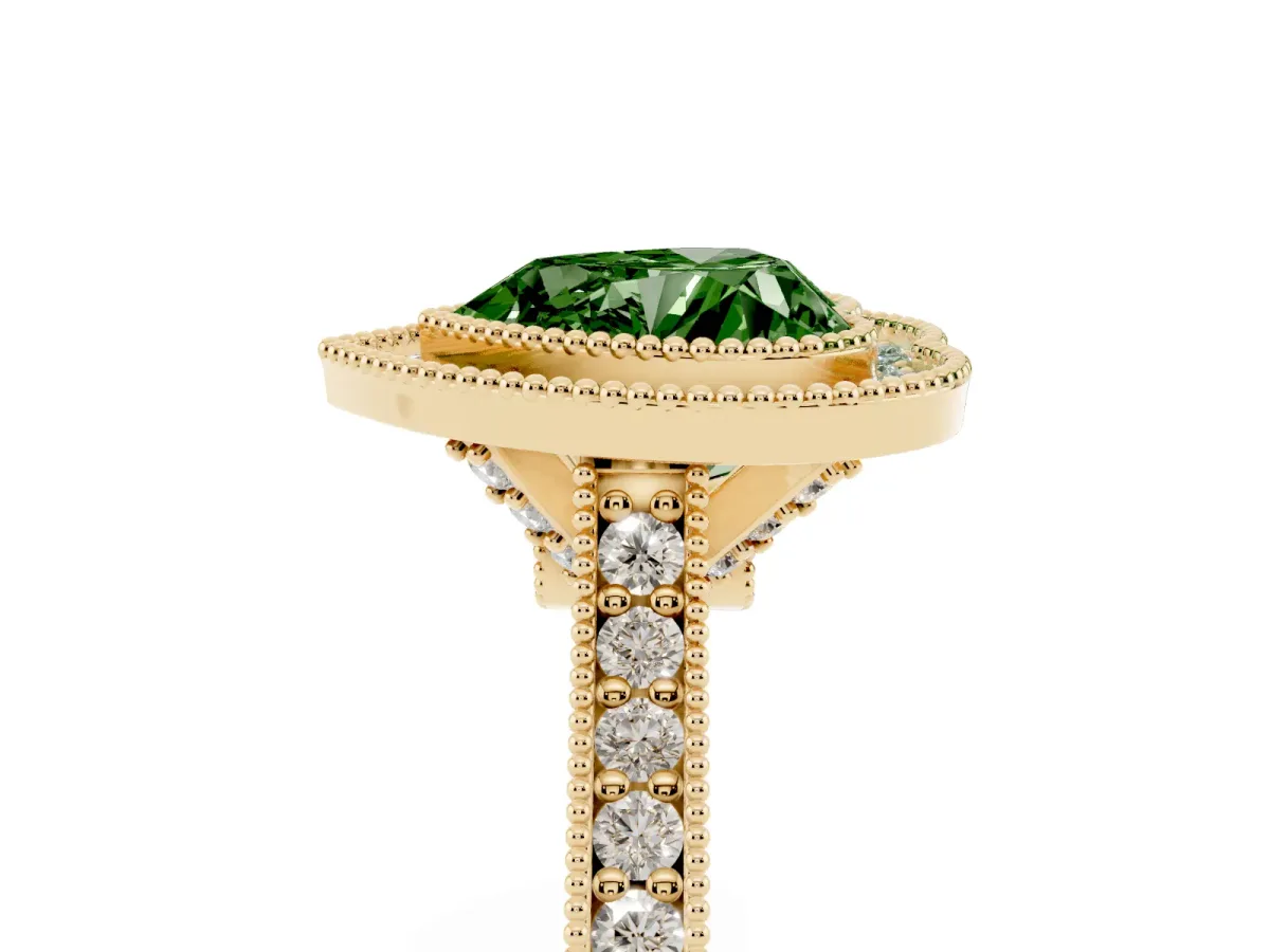 Fancy Green Halo Heart Cut-Cut Diamond Pave Band Milgrain Prong Setting Ring Yellow gold