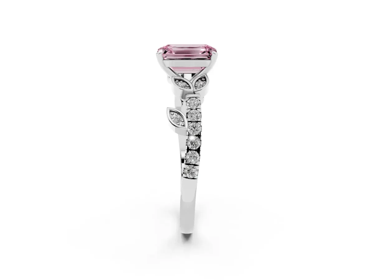 Fancy Pink Emerald Cut Solitaire Leaf-Inspired Diamond Ring with Pavé Band and Four-Prong Setting Silver