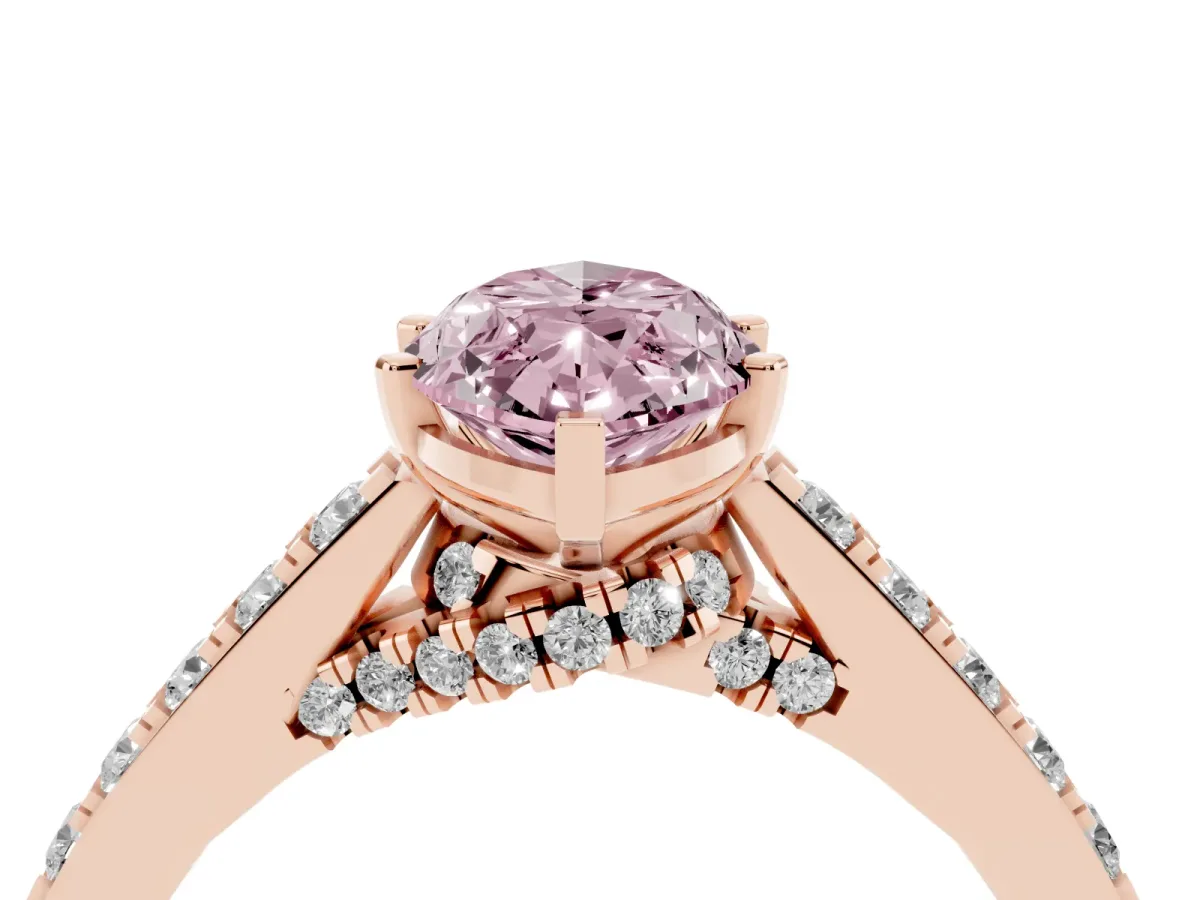 Fancy Pink Marquise Cut Diamond Solitaire Ring with Crossover Gallery and Round Pavé Band Rose gold