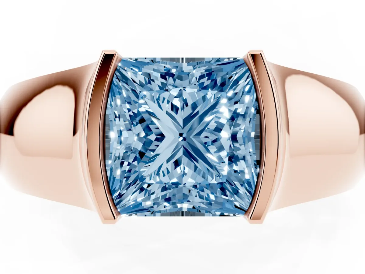 Fancy Blue Princess Cut Solitaire Bezel Set Diamond Ring with Wide Band Rose gold