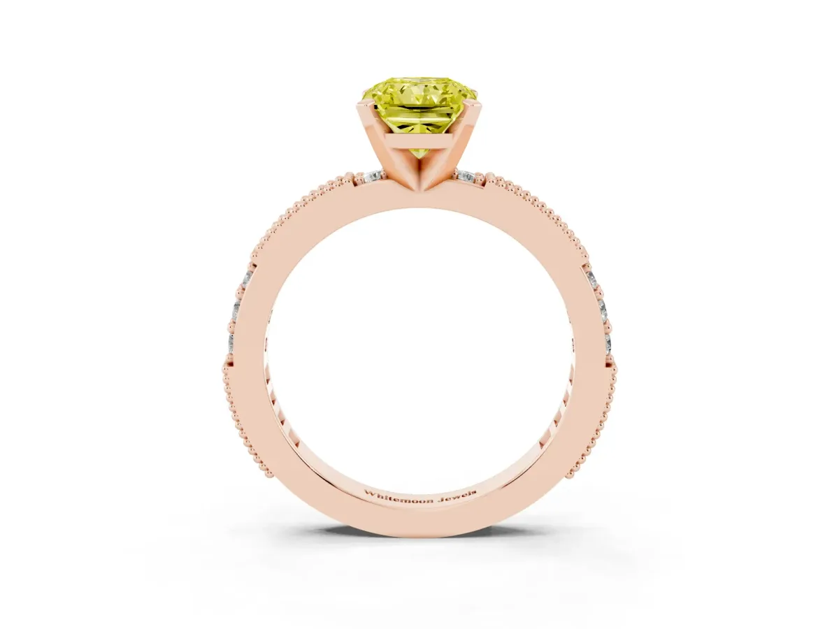 Fancy Yellow Radiant Cut Solitaire with Pavé Band and Four-Prong Setting Rose gold