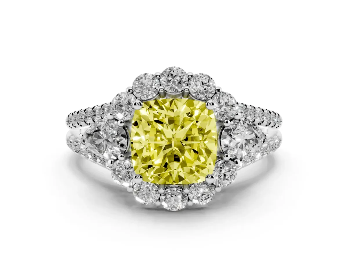 Fancy Yellow Cushion Cut Halo Split Shank Diamond Engagement Ring with Prong Setting Silver