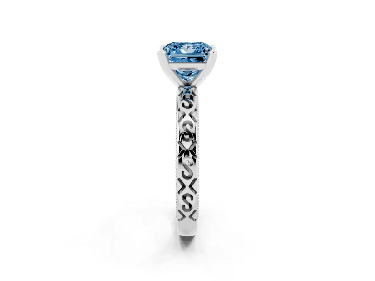 Fancy Blue Princess Cut Solitaire Engagement Ring with Scrollwork Band and Four-Prong Setting Silver