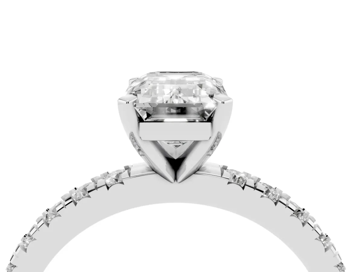 Emerald Cut Diamond Pavé Band Solitaire with Four-Prong Setting Silver