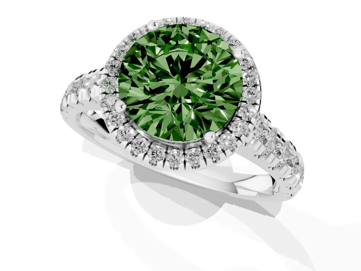 Fancy Green Round Cut Halo Pavé Diamond Engagement Ring with Four-Prong Setting Silver