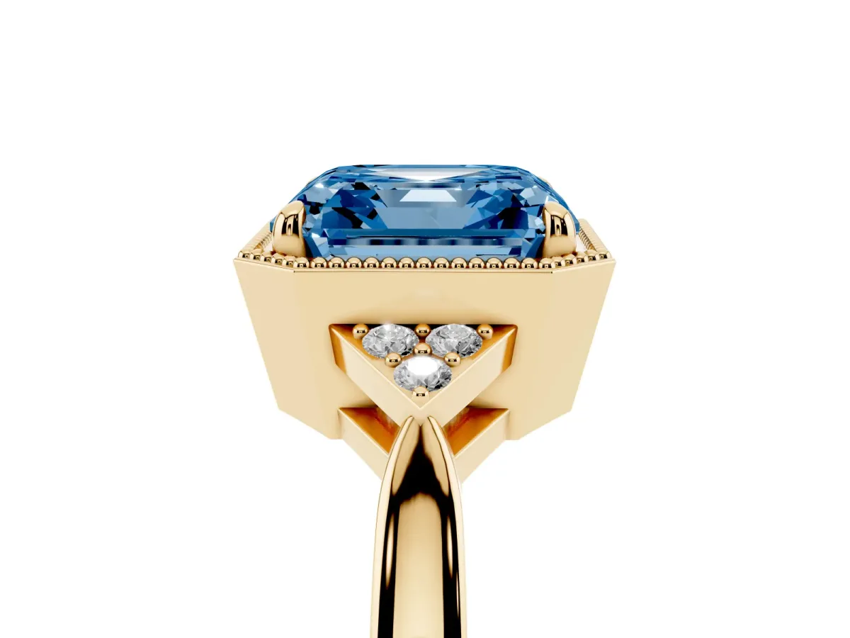 Fancy Blue Hexagonal Halo Asscher Cut Diamond Solitaire with Pavé Band and Four-Prong Setting Yellow gold