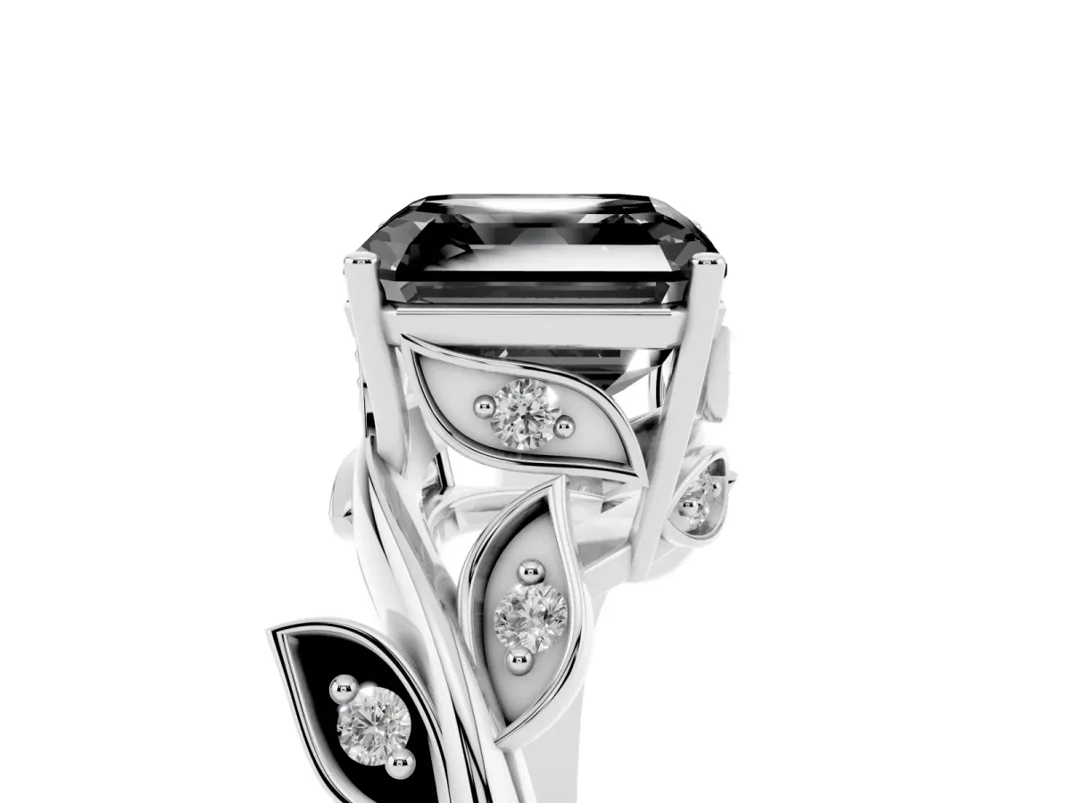 Fancy Black Asscher Cut Solitaire Twist Engagement Ring with Leaf Accents and Prong Setting White gold