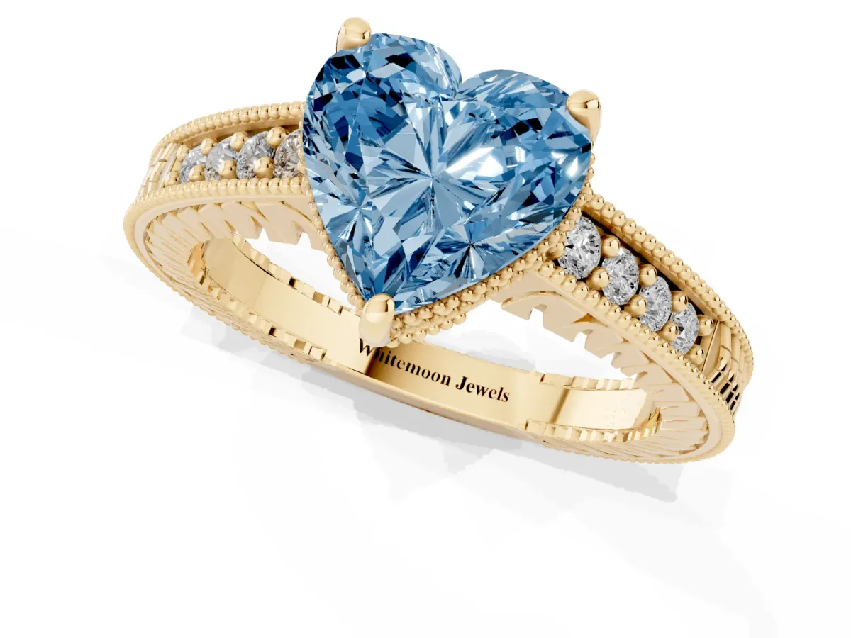 Fancy Blue Heart Cut Solitaire Pavé Diamond Milgrain Engagement Ring with Four-Prong Setting Yellow gold