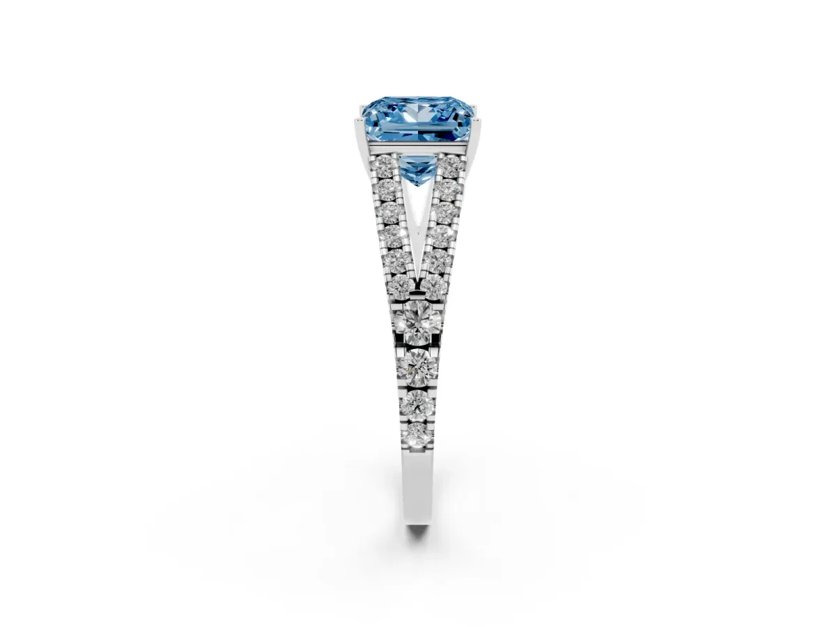 Fancy Blue Princess Cut Diamond Split Shank Pavé Engagement Ring with Four-Prong Setting White gold