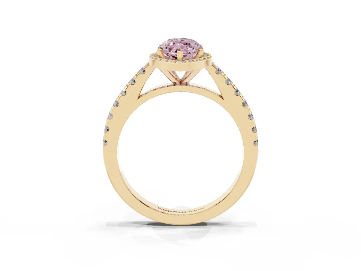 Fancy Pink Marquise Cut Cut Halo Diamond Engagement Ring with Pave Band and Four-Prong Setting Yellow gold