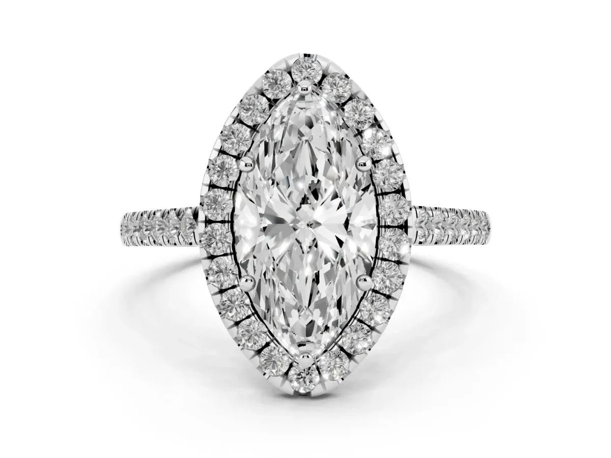 Marquise Cut Halo Pave Diamond Engagement Ring with Four-Prong Setting Silver