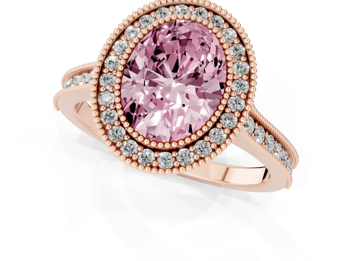 Fancy Pink Halo Oval Cut-Cut Diamond Pave Band Milgrain Prong Setting Ring Rose gold