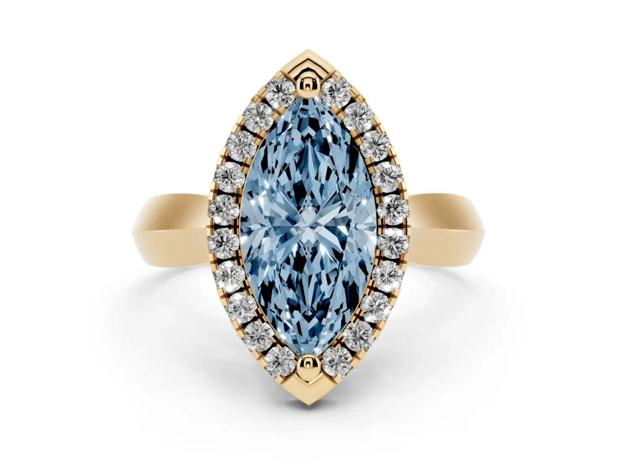 Fancy Blue Marquise Cut Cut Halo Solitaire Engagement Ring with Square Band and Four-Prong Setting Yellow gold