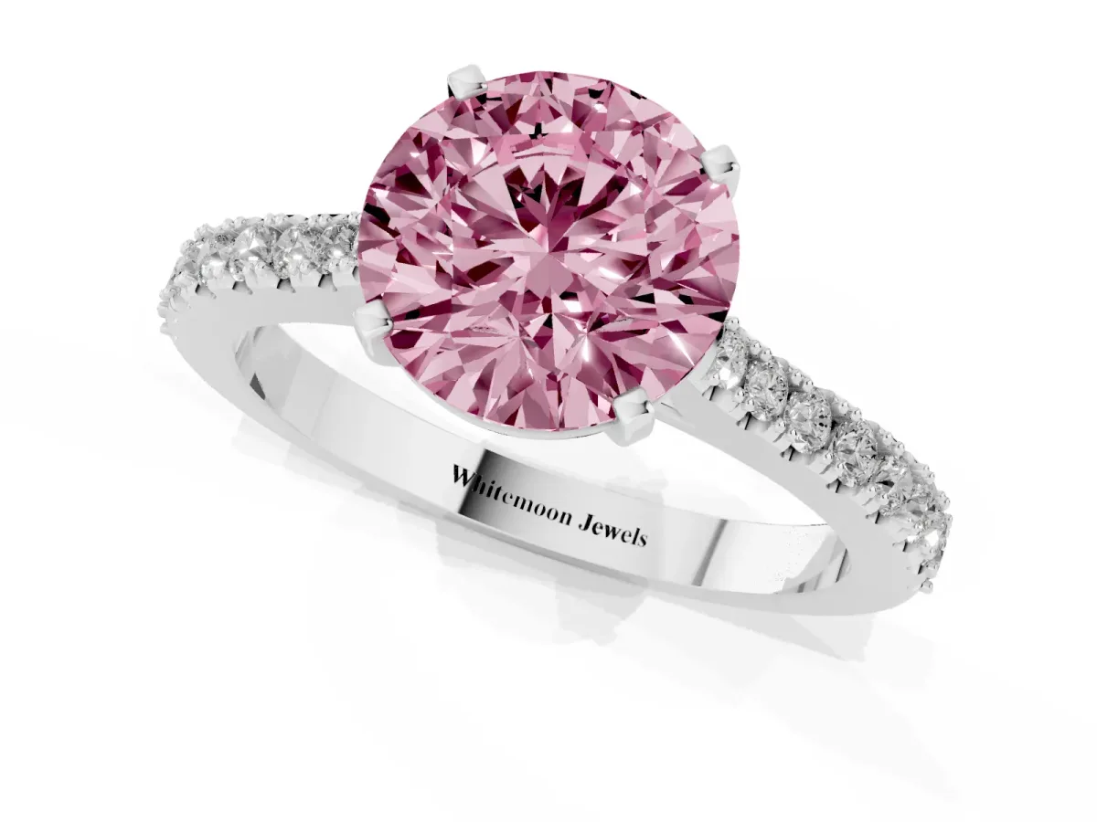 Fancy Pink Round Cut Cut Solitaire Diamond Engagement Ring with Pave Band and Four-Prong Setting White gold