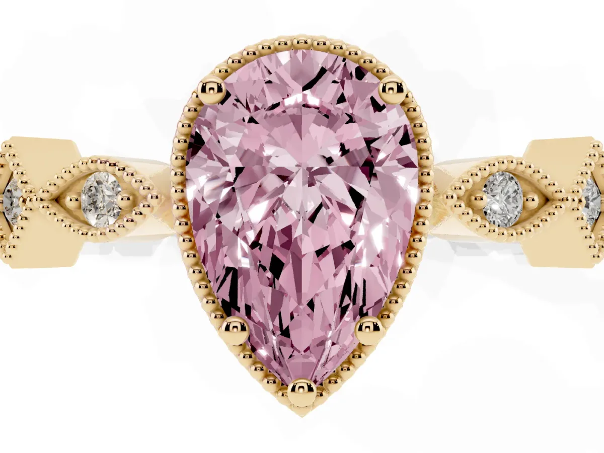 Fancy Pink Pear Cut Milgrain Marquise Diamond Twist Band Ring Yellow gold