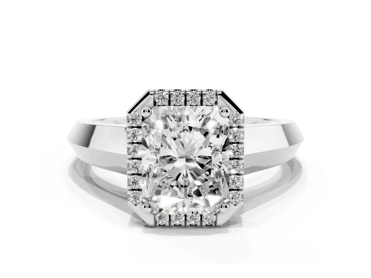 Radiant Cut Halo Diamond Ring with Cathedral Band and Four-Prong Setting Platinum