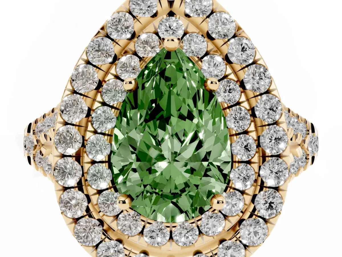 Fancy Green Double Halo Pear Cut Diamond Pavé Split Shank Ring with Prong Setting Yellow gold