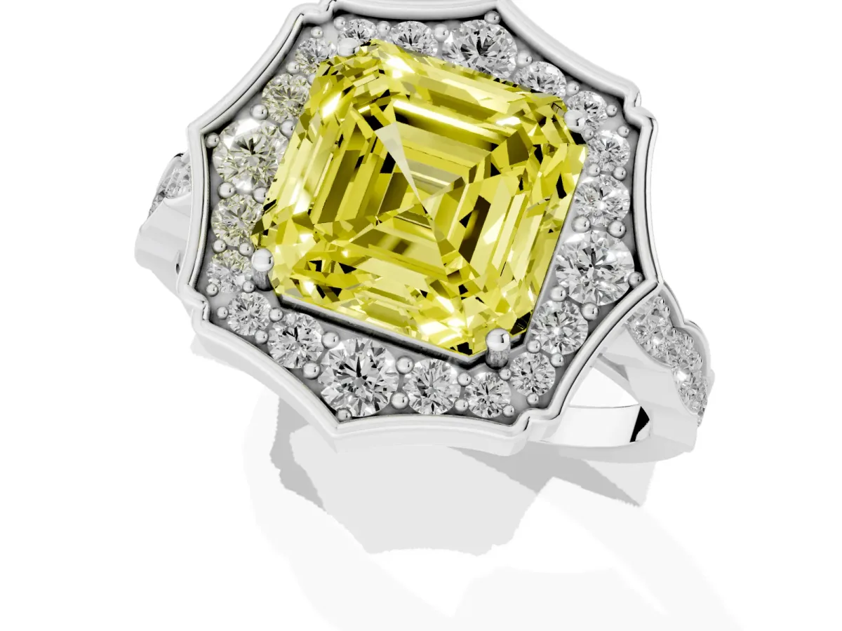 Fancy Yellow Asscher Cut Halo Diamond Engagement Ring with Milgrain Band and Four-Prong Setting Platinum