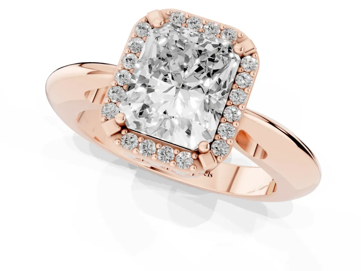Radiant Cut Cut Diamond Halo Engagement Ring with Split Shank and Four-Prong Setting Rose gold
