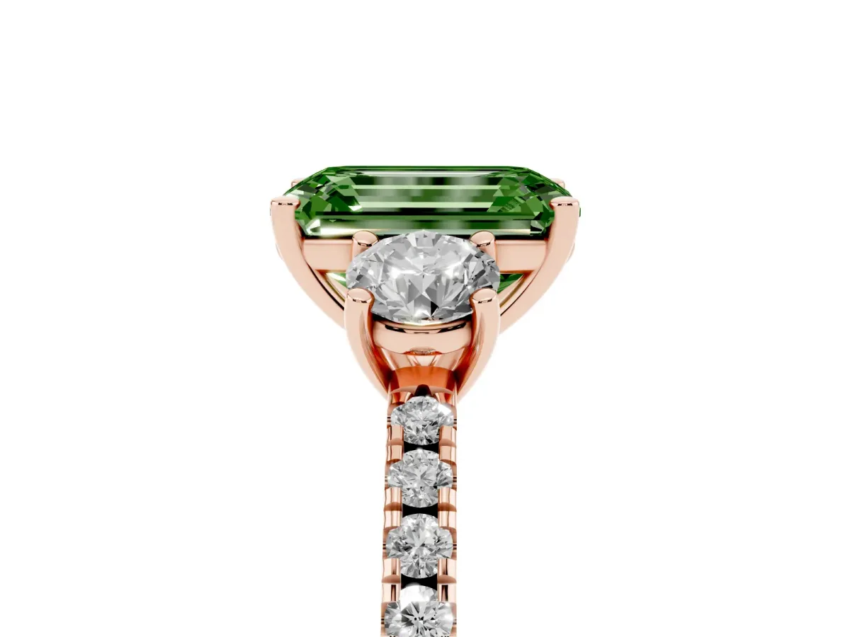 Fancy Green Three-Stone Emerald Cut Cut Diamond Pavé Band with Prong Setting Rose gold