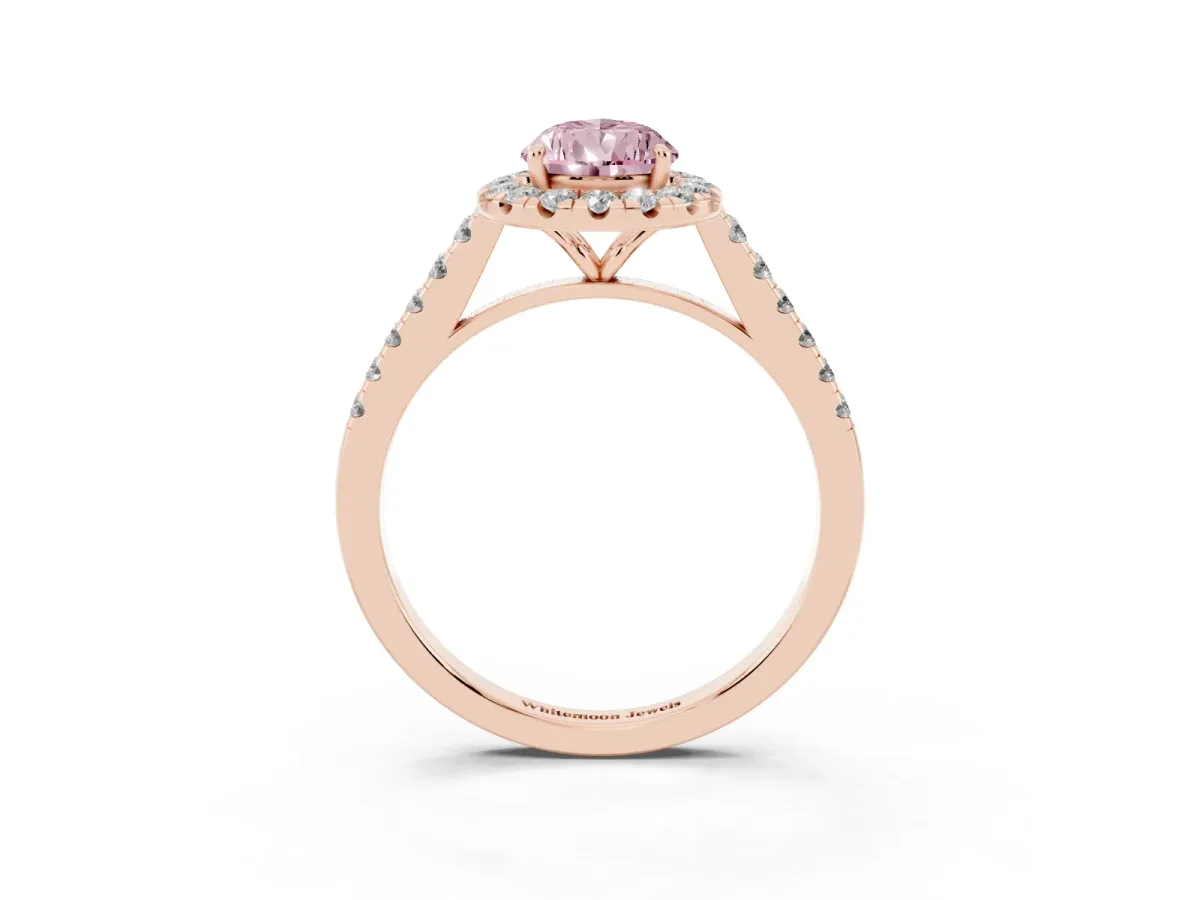 Fancy Pink Pear Cut Halo Pave Diamond Engagement Ring with Four-Prong Setting Rose gold