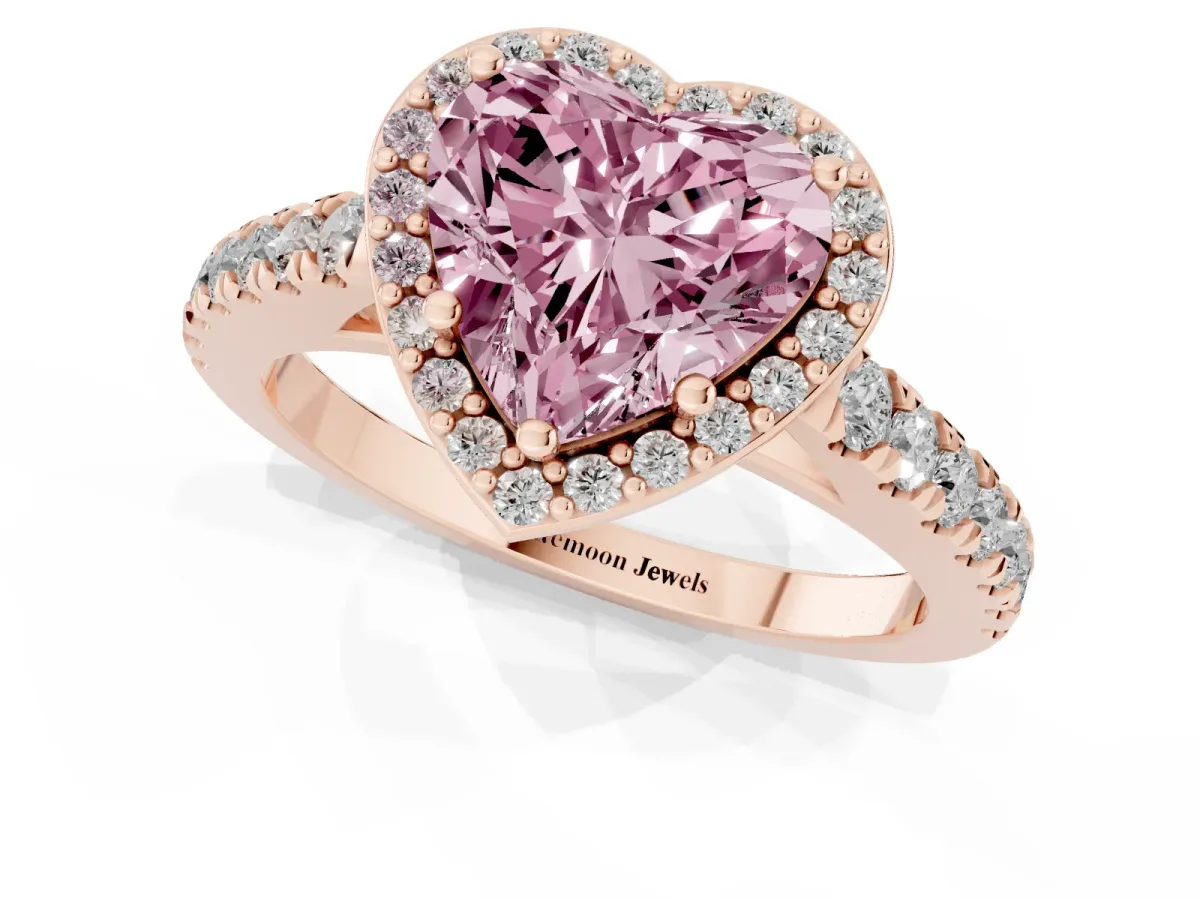 Fancy Pink Heart Cut Cut Halo Diamond Engagement Ring with Pave Band and Four-Prong Setting Rose gold