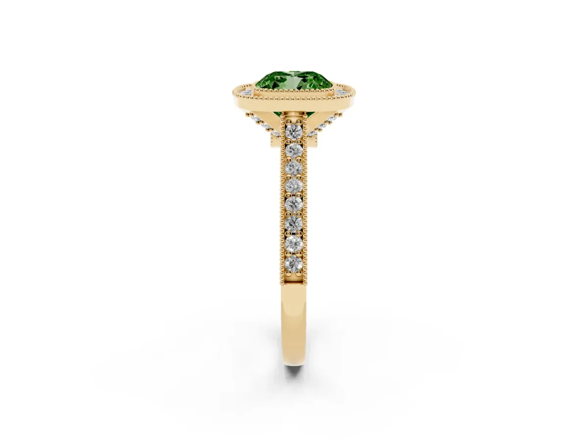 Fancy Green Halo Cushion Cut-Cut Diamond Pave Band Milgrain Prong Setting Ring Yellow gold