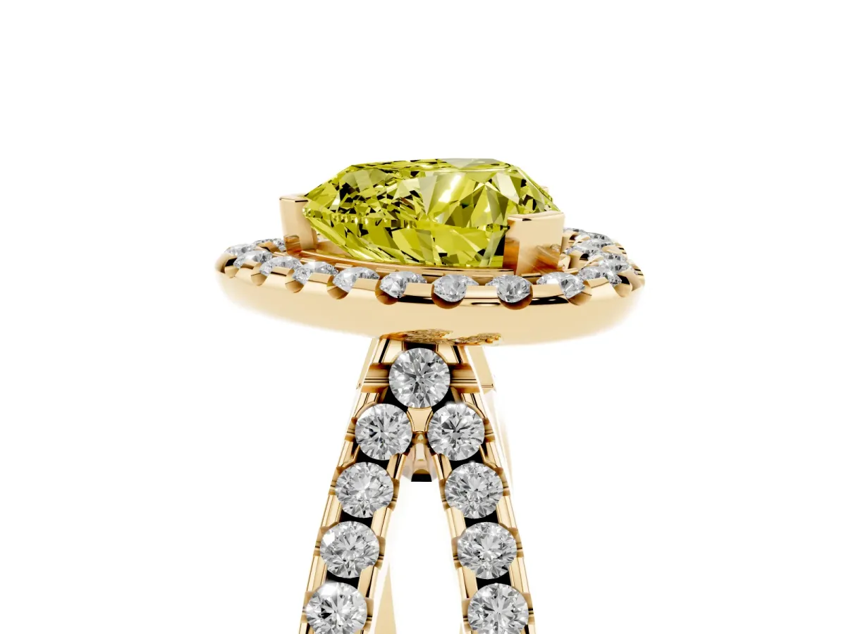 Fancy Yellow Heart Cut Diamond Halo Ring with Split Shank Pavé Band and Prong Setting Yellow gold