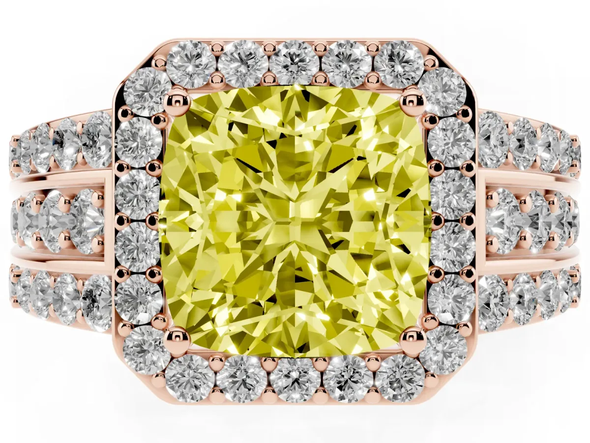 Fancy Yellow Cushion Cut Halo Diamond Ring with Round Split Shank and Prong Setting Rose gold